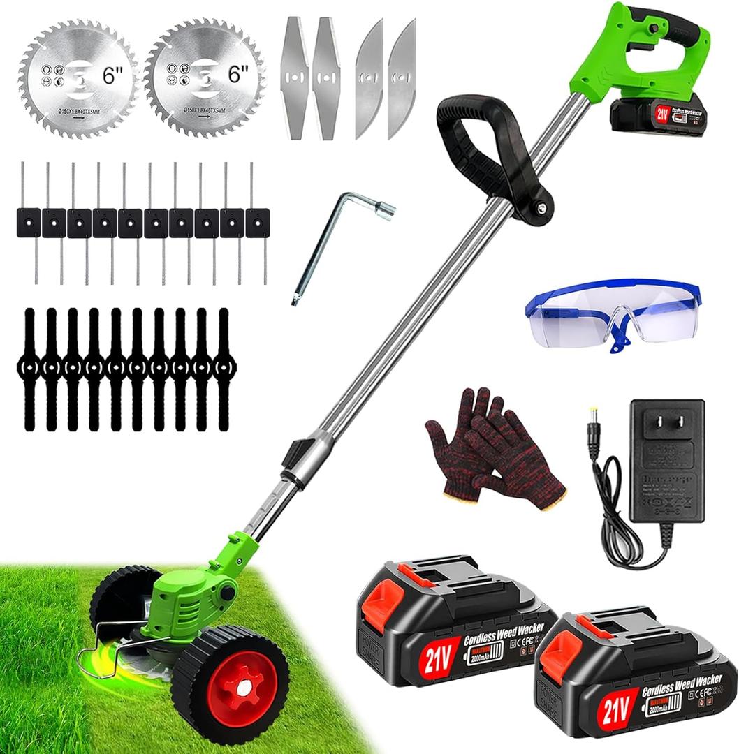 Electric Weed Wacker Cordless Battery Powered, Weed Cordless Eater with 2X 21V/4.0Ah Battery Operated & Wheels 3 Types Blades, 3 in 1 Stringless Grass Trimmer/Edger/Brush Cutter for Garden Yard Lawn