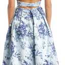 MORGAN AND CO. Womens Juniors Metallic Jacquard Floral Embroidered Prom Gown with Spaghetti Straps Dress, Blue, 9 US