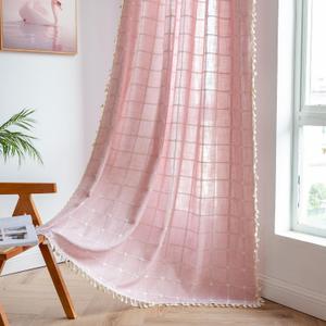 2 Panel Cotton Linen Boho Curtains 96 Inches Long for Living Room Bedroom, Kitchen, Plaids Lattice Embroidered Semi Blackout Bohemian Farmhouse Window Treatment Grids Drape Tassels, Pink