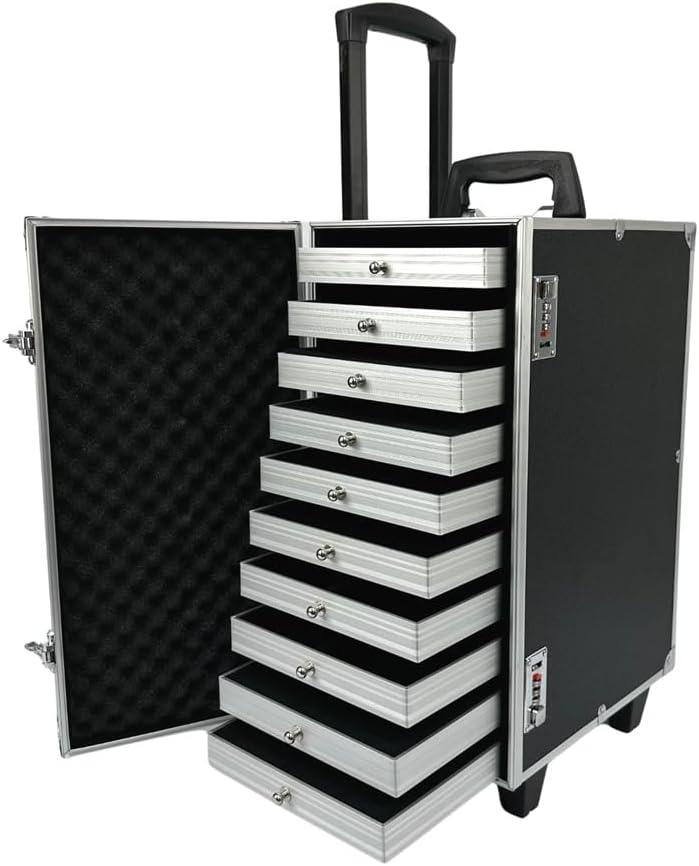 Rolling Jewelry Trolley Case with Drawers Sturdy Case for Travel and Vendor Showes Jewels Sets Display Organizer (Black)