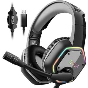 EKSA E1000 USB Gaming Headset for PC, Computer Headphones with Microphone/Mic Noise Cancelling, 7.1 Surround Sound, RGB Light - Wired Headphones for PS4, PS5 Console, Laptop, Call Center (Grey)
