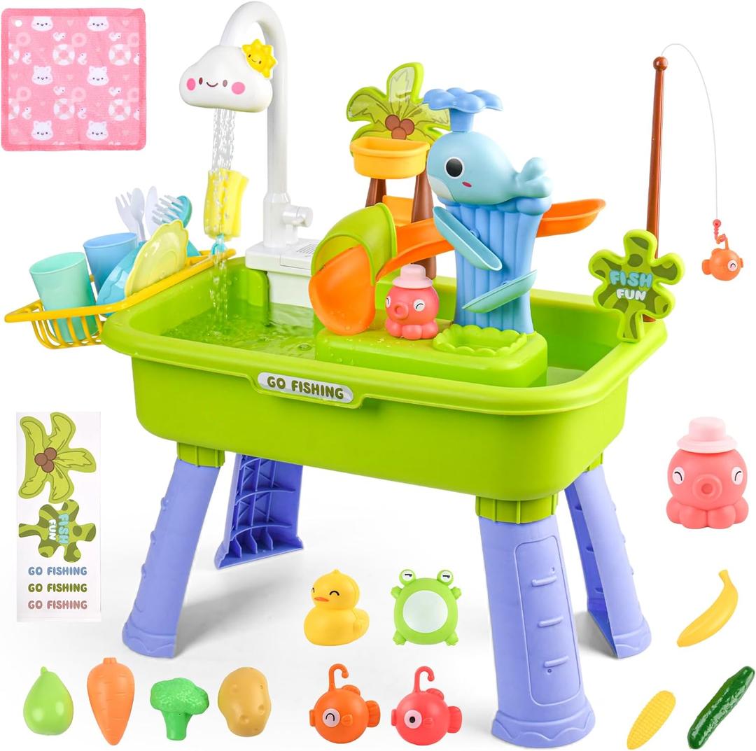 Upgraded Toddler Sand Water Table Toy with Electric Water Pump, Kids Sand Water with Faucet/Play Food Accessories/Fishing Toy, Kitchen Play Sink Toys for Girl Boy Age 3+ (Blue)
