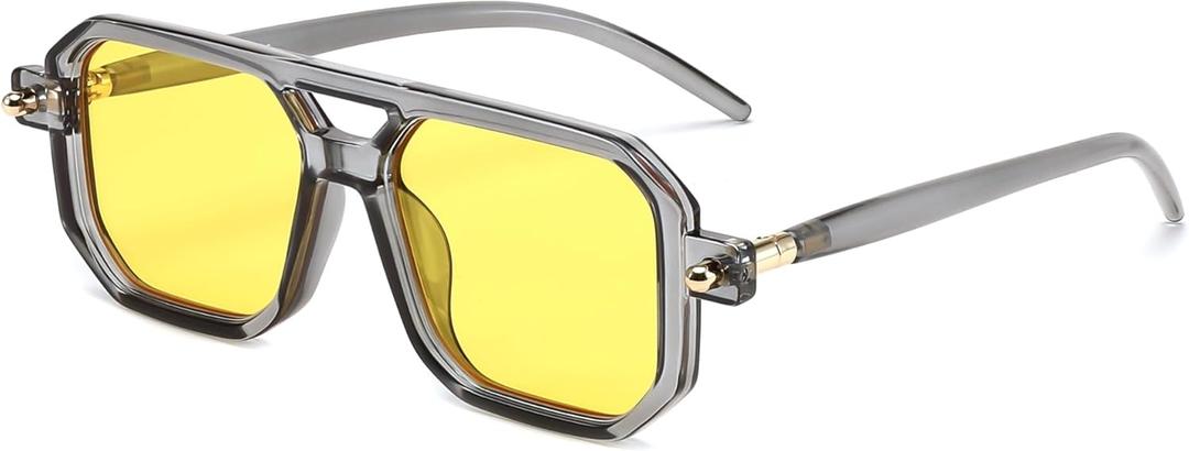 FEISEDY Vintage Square 70s Flat Aviator Sunglasses Women Men Classic Retro Stylish Frame UV400 Sunglasses B2622 (031 Transparent Grey Frame & Yellow Lens)