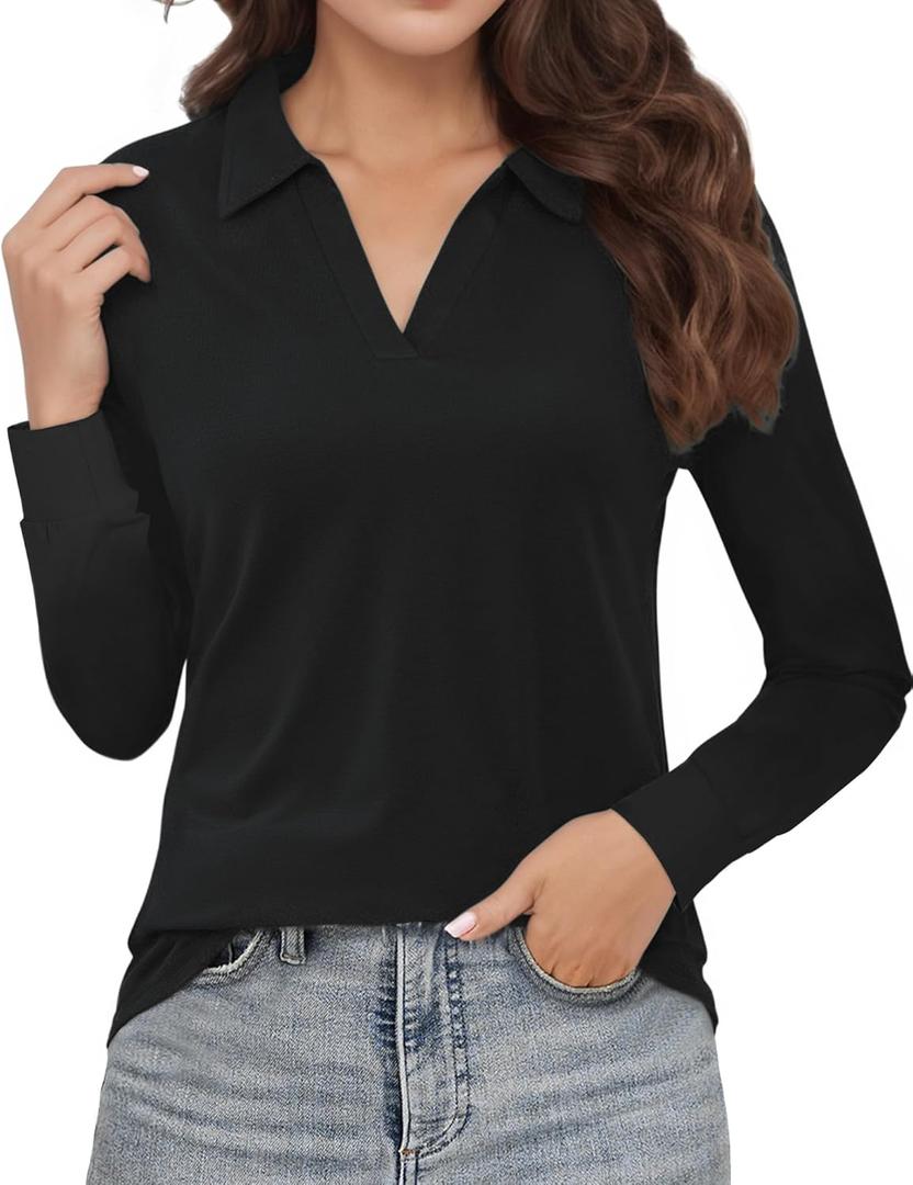 Polo Shirts for Women, V-Neck Business Casual Tops for Women, Collared Shirt Tunic Tops Long Sleeve Work Blouses (Black, M)