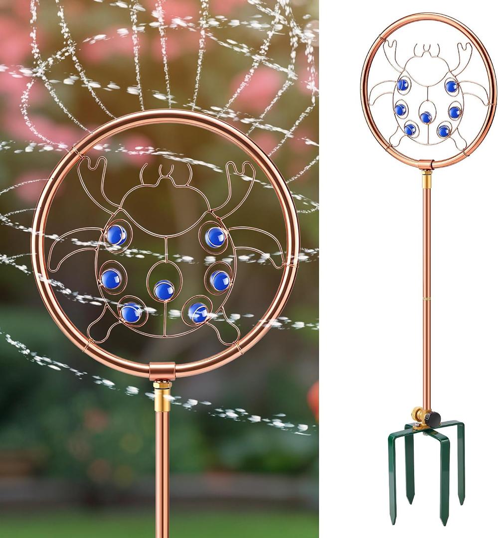 34" H Copper Coated Stainless Steel Ornamental Sprinkler, Corrosion Resistant Garden Rotating Sprinkler 360 Degree Shape Decorative for Lawn Garden Landscape (Ladybug)