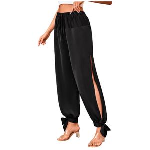 WDIRARA Women's Boho High Waist Split Knot Hem Long Pants Flowy Harem Yoga Pants Dark Black, Large