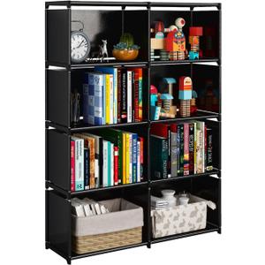 JIUYOTREE 5-Tiers Portable Bookshelf with Fabric Cloth at Back, 8 Cube Closet Storage Organizer Bookcase, Living Room, Study Room, Bedroom, Black