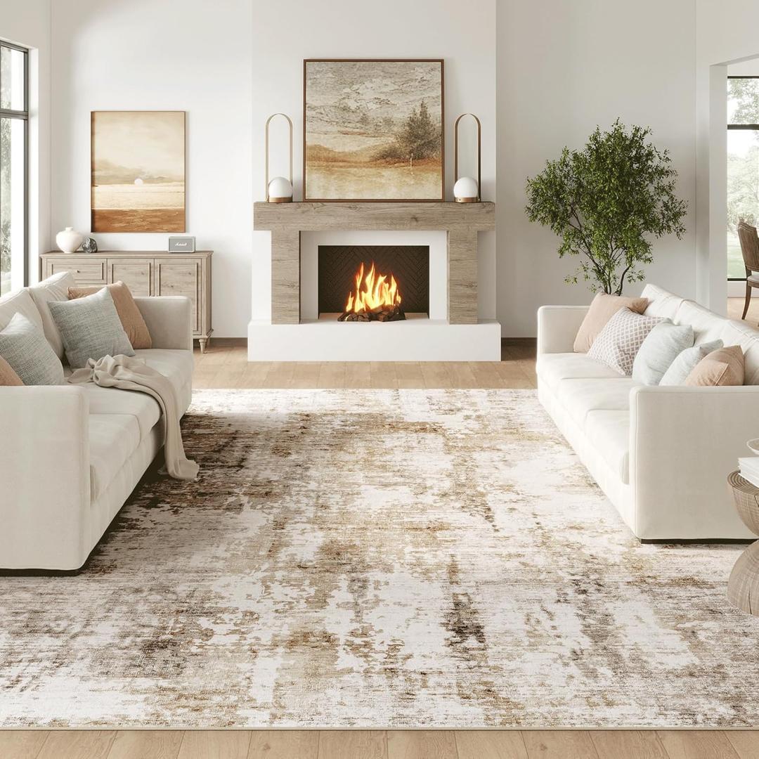 Fmfunctex 9x12 Washable Abstract Area Rug Brown Grey Neutral Modern Large Non Slip Carpet for Living Room Bedroom Soft Low Pile Indoor Mat Accent Throw Rug for Dining Kitchen Office Nursery, Grey Gold