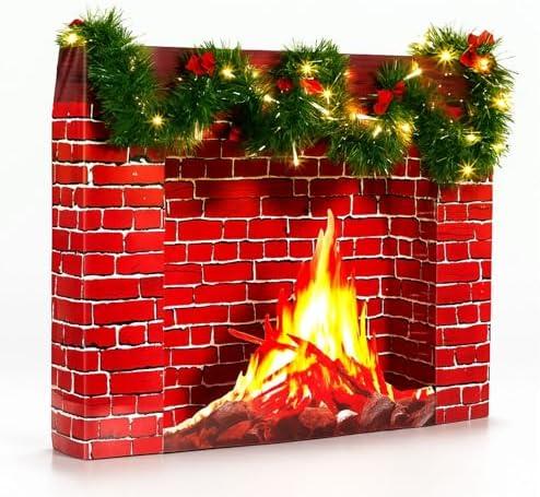 Feifeiya 24.4 x 19.7 Inch Christmas Fireplace Decoration Set Included 3D Red Brick Stand-Up- Fake Cardboard Fireplace, 9.8ft Green Garland, LED String Light, Red Bows for Christmas Decor