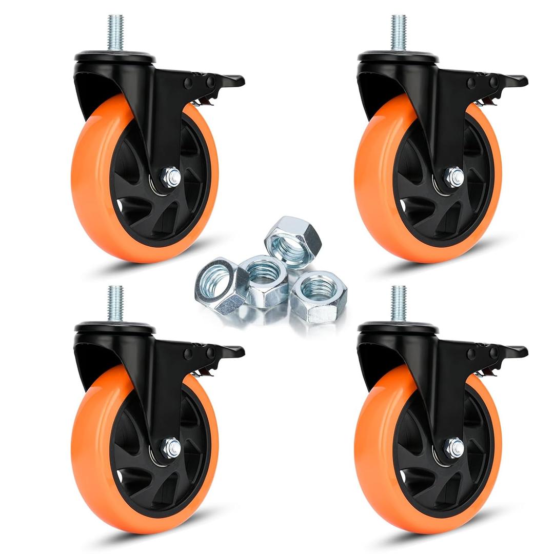 Stem Caster Wheels 5 inch Swivel Casters Set of 4 Heavy Duty 1500 lbs 1/2"-13 x 1 Threaded Casters Dual Locking Industrial Castor Safety Smooth Quiet Caster with Brakes Wheels for Cart, Furniture