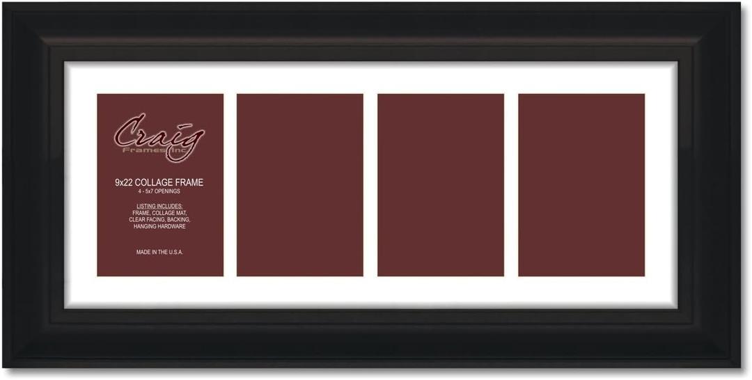 Craig Frames 9x22 Black Collage Frame, 4-5x7 Openings, White Mat, Wall Display