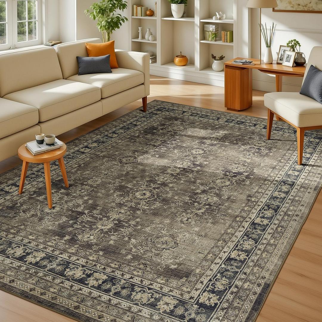 Lessymo 5x7 Area Rugs for Living Room, Machine Washable Non Slip Rug, Soft Low Pile Carpet for Bedroom Dining Home Office, Vintage Brown Distressed Floral Floor Mat