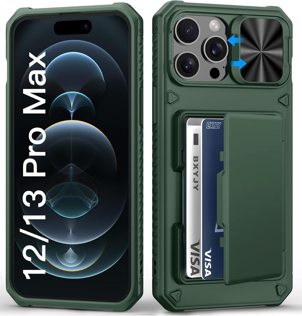 BXYJY for iPhone 12 Pro Max & 13 Pro Max Case with Camera Cover, Card Holder (4-5 Cards), Military Grade Drop, RFID Block, Heavy Duty Women Men Rugged Phone Case for iPhone 12 Pro Max, Green
