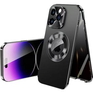 Metal Frame Anti-Spy Magnetic Phone Case for iPhone 12/13/14/15/16/17 Promax Double-Sided Glass Full Coverage Hard Case (Black,iPhone 17 Pro Max)