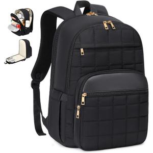 CAMTOP Work Backpack for Women with Insulated Pocket,Laptop Backpack Puffer Quilted College Bookbag Fits 15.6 Inch Computer, Casual Daypack Backpacks for Travel Bussiness Teacher Nurse, Black