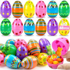 PIONJOY 48 PCS 3" Printed Fillable Plastic Easter Eggs - Bright & Colorful Empty Eggs for Kids for Kids Teens Boys Girls Classroom Prizes Easter Basket Stuffers Hunt Easter Party Favor