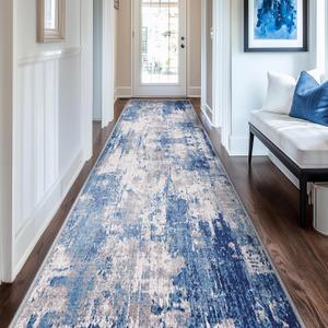 RELEANY Washable Area Rugs 2'x10' Non-Slip Modern Abstract Soft for Living Room Entryway Bedroom Nursery, Print Pattern, Blue Grey Navy Gray