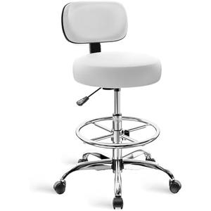 SUPERJARE Drafting Chair with Back, Adjustable Foot Rest Rolling Stool, Multi-Purpose Office Desk Chair, Thick Seat Cushion for Home Bar Kitchen Shop - White