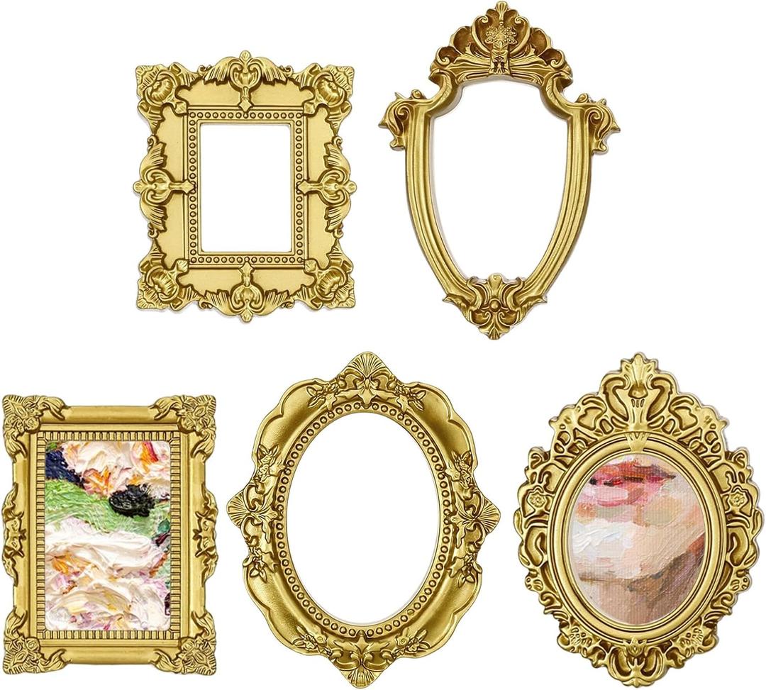 Sibba Vintage Resin Picture Frame 10 PCS Mini Gold Baroque Small Antique Ornaments Table Top Jewelry Display Oval Rectangle Wall Hanging Photography Holder for DIY Photo Christmas Home Decor