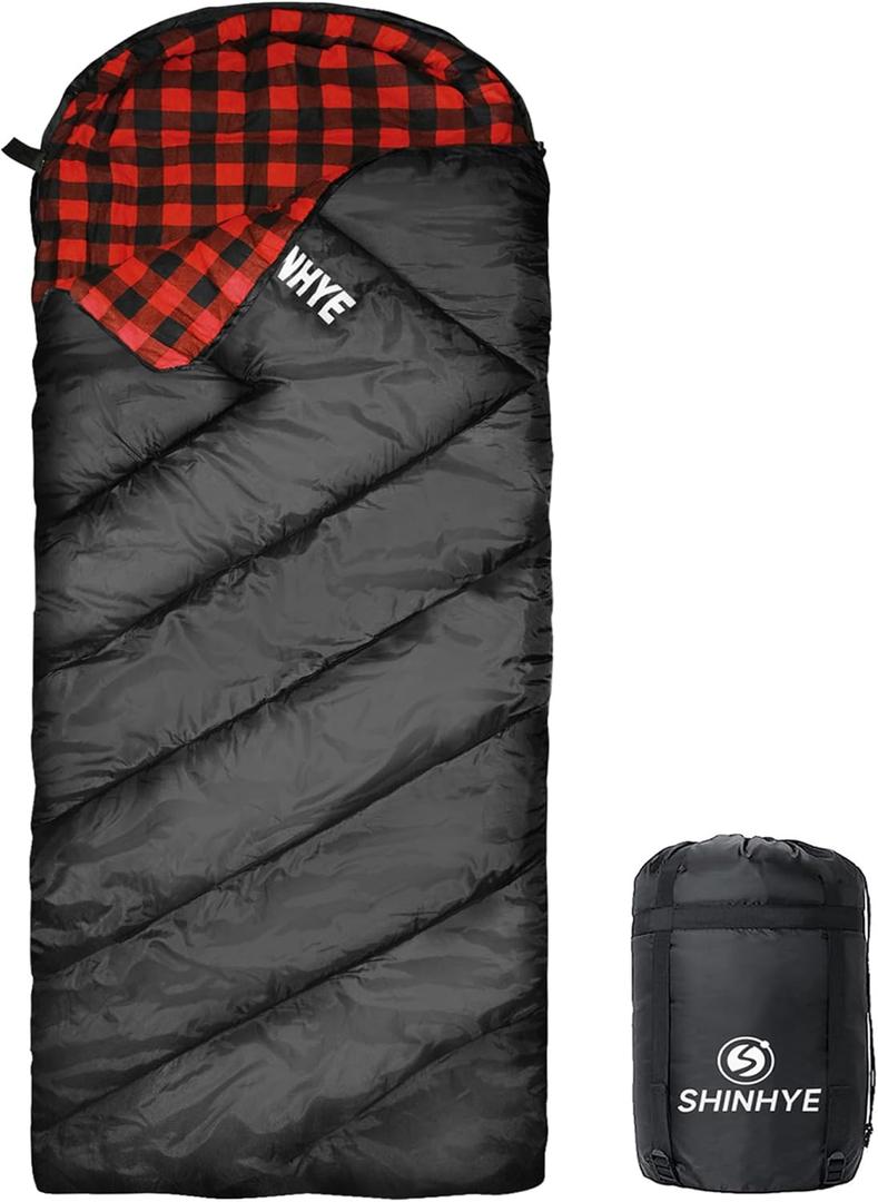 ShinHye 0 Degree Sleeping Bag for Adults - Cotton Flannel 4 Season Cold Weather Winter, XXL Big and Tall Camping Sleeping Bag with Compression Sack (Black-Right-New)