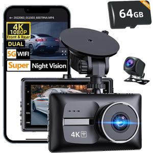 4K Dash Cam Front and Rear Car Cameras, 4K+1080P Dual Dash Camera for Cars with 64GB Card,5G WiFi WDR Night Vision,170Wide Angle, 3 IPS Screen, G-Sensor, 24H/7 Parking Mode,Up to 256GB Supports