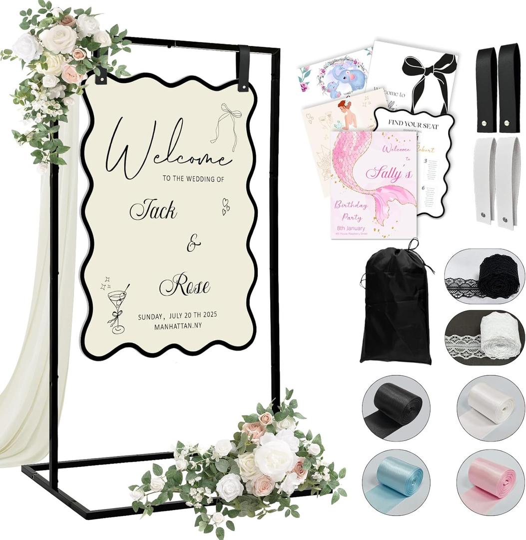 OurWarm Metal Wedding Sign Stand, Adjustable Welcome to Our Wedding Sign Holder, Heavy Duty Easel Stand for Sign W/Design Bundle & Leather Sign Hanging Straps, Seating Chart Stand, Easel for Display