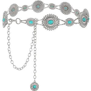 WHIPPY Women Concho Chain Belt Metal Link Western Cowgirl Turquoise Chain Belt for Dress Silver Chain-green Turquoise WHIPPY Women Concho Chain Belt Metal Link Western Cowgirl Turquoise Chain Belt for Dress Silver Chain-green Turquoise
