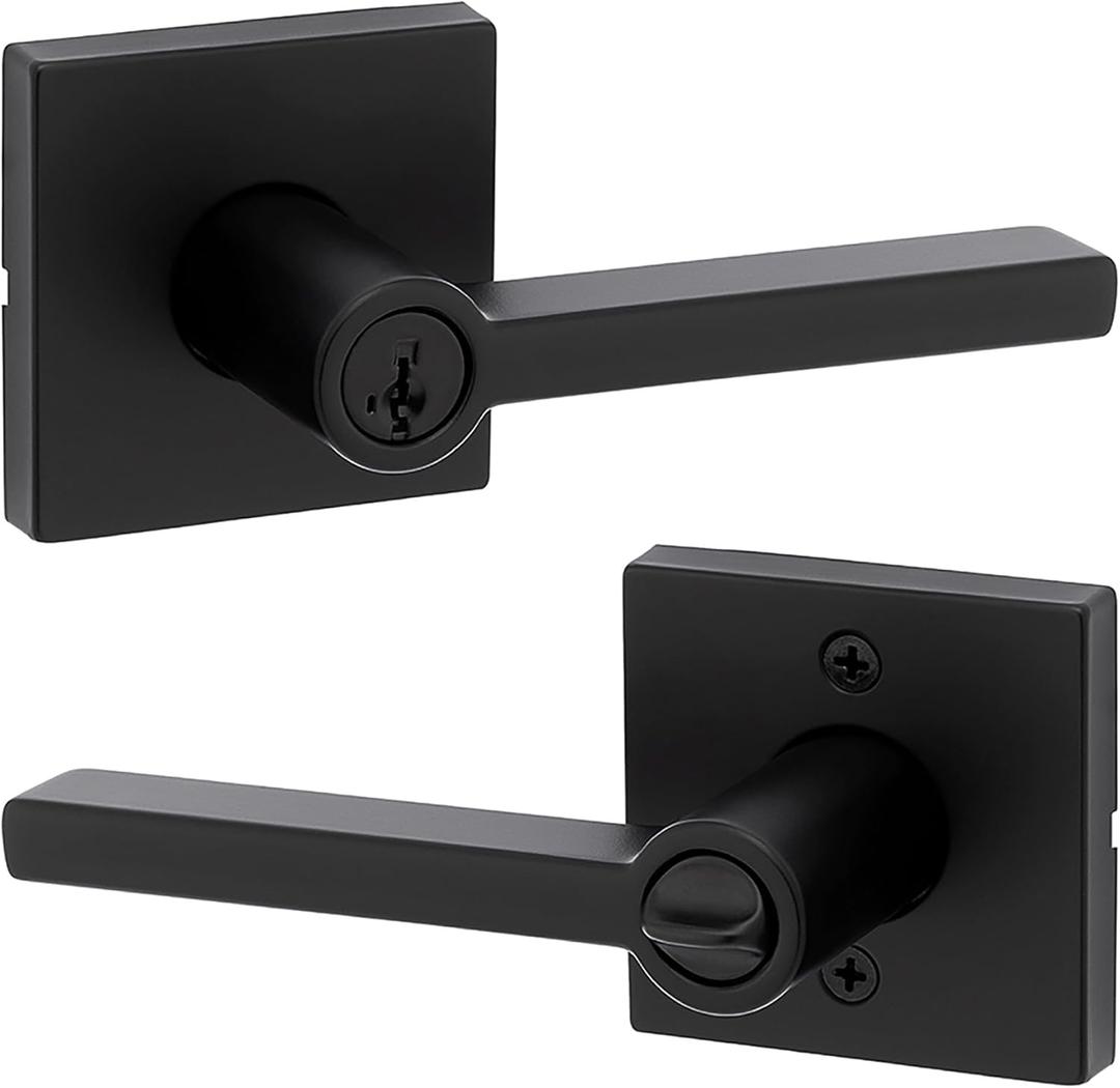 Kwikset Halifax Entry Door Handle with Lock and Key, Secure Keyed Reversible Lever Exterior, For Front Entrance and Bedrooms, Matte Black, Pick Resistant Smartkey Rekey Security and Microban (1 Pack)