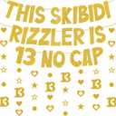 Skibidi Rizzler Birthday Banner Decorations - This Skibidi Rizzler Is 13 No Cap Gold Glitter Banner, Pre-Strung Stars Hearts Garland Ideas Funny Zoomer Gen Z Slang 13th Birthday Party Supplies