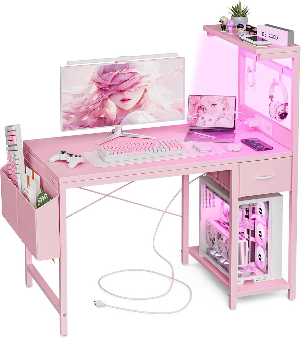 Grandder Gaming Desk 40 Inch with Power Outlet and LED Light, Computer Desk with Reversible Shelves and Storage Drawer, Pc Small Desk for Home Office Table with Bag, Carbon Fiber Pink