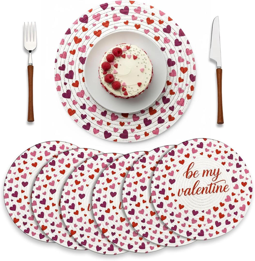 Qinyoung Valentines Woven Placemats Set of 6 15 Inch Red Pink Heart Round Placemats Braided Place Mats Decorative Dinner Table Mats for Valentines Wedding Anniversary Party Kitchen Home Decoration
