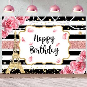 InMemory Pink Floral Happy Birthday Backdrop for Women Black White Stripe Rose Flowers Paris Effel Tower Pearls Photography Background Cake Table Banner Wall Decor Photo Shoot Studio Props 7x5ft