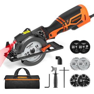 DOVAMAN Circular Saw, 5.8A 4-1/2" Circular Saw w/Laser, Metal Auxiliary Handle, 6 Blades (4", 4"), Cutting Depth 1-11/16" (90), 1-3/8" (45), Ideal for Wood, Soft Metal, Plastic, Tile - MCS01A