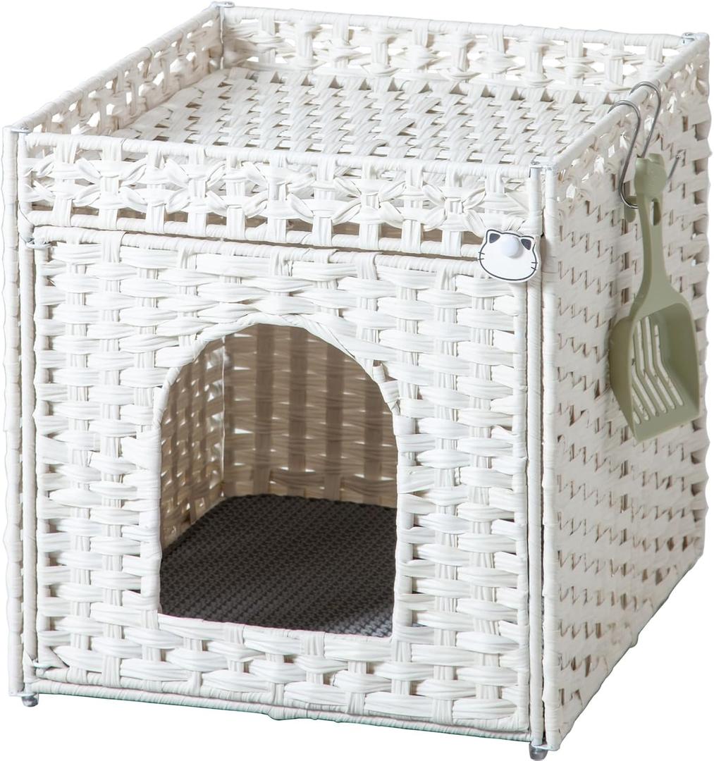 SETVSON Cat Litter Box Enclosure Furniture, Hidden Litter Box with Mat and Fence, Handwoven Rattan Cat House with Two S-Shaped Hooks for Living Room, Bedroom, 18.5 x 20.5 x 19.1 Inches (White