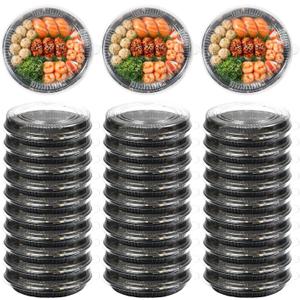 30 Pack Plastic Catering Trays with Lids, Round 10 Inch Serving Tray with Lid, Disposable Large Fruit Sandwich Trays for Parties Takeout Food Catering Picnic