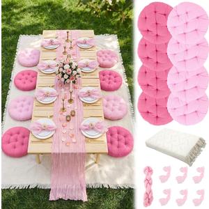 Beeveer 118" x 71" Extra Large Outdoor Picnic Blanket with Pink Table Runner 8 Napkins and 8 Pink Floor Pillows Cushions for Picnic Party Camping Wedding Bachelorette Birthday Baby Shower Decor