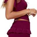 HESUUIO Women's Two Piece Skirt Set Summer High Waist Ruffle Y2K Mini Skirts Sleeveless Crop Tops Going Out Outfits (M, Purplish Red)
