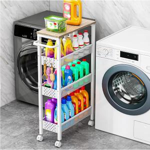 Vivihomety Utility Slim Storage Cart, 4 Tier Small Rolling Kitchen Laundry Room Cart with Wood Top, Metal Bathroom Storage Cabinet Mobile Shelf Unit Organizer Trolley with Handle for Narrow Space, 7.1 inch wide