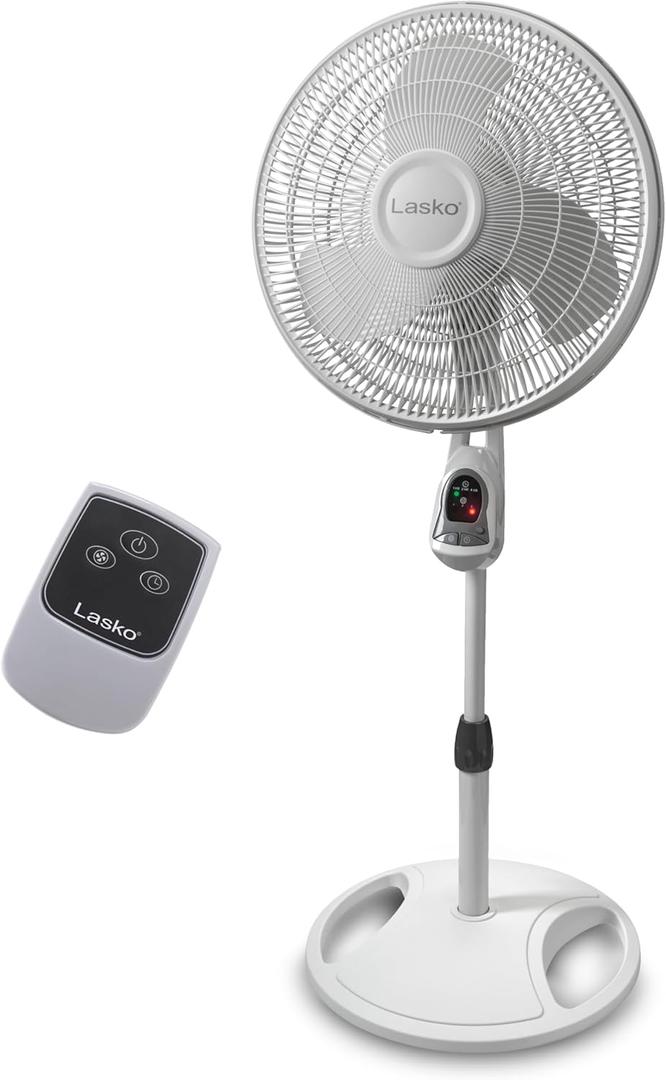 Lasko Oscillating Adjustable Pedestal Stand Fan with Timer and Remote for Indoor, Bedroom, Living Room, Home Office & College Dorm Use, 16 Inch, White, 1646