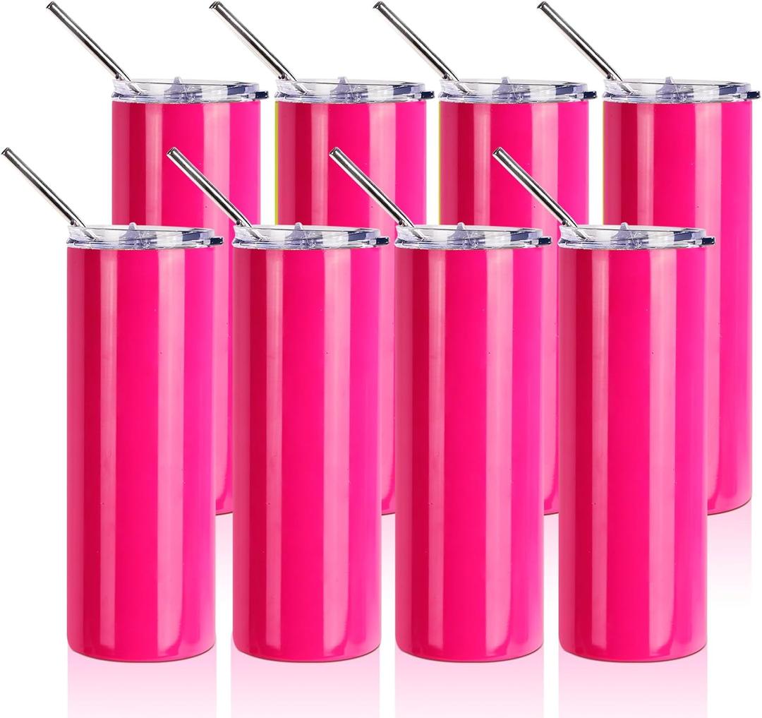 PYD Life 8 Pack Sublimation Tumblers 20 OZ Skinny Straight Neon Pink Glossy with Lid and Straw for Tumbler Press Machine