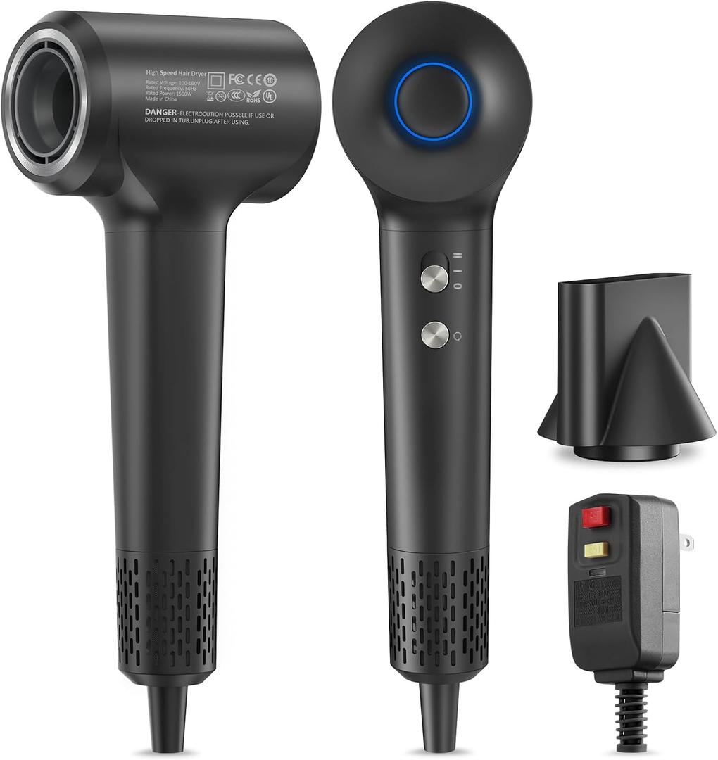 Hair Dryer, Ionic Blow Dryer, 1500W High-Speed Hairdryer with 110000 RPM Brushless Motor for Fast Drying Low Noise, 4 Temps & 2 Speeds with Magnetic Nozzle (Dark Gray)