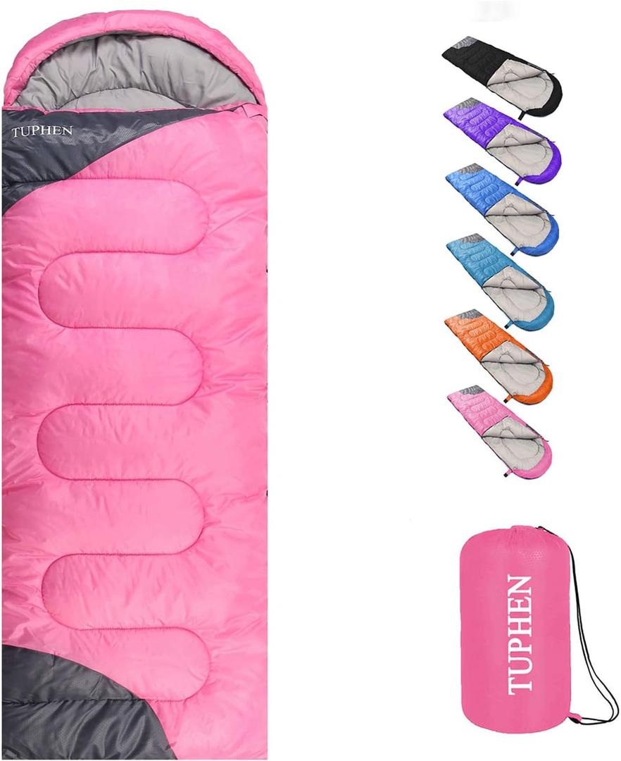 tuphen- Sleeping Bags for Adults Kids Boys Girls Backpacking Hiking Camping Microfiber Liner, Cold Warm Weather 4 Seasons Indoor Outdoor Use, Lightweight & Waterproof (3lb-Pink Grey)
