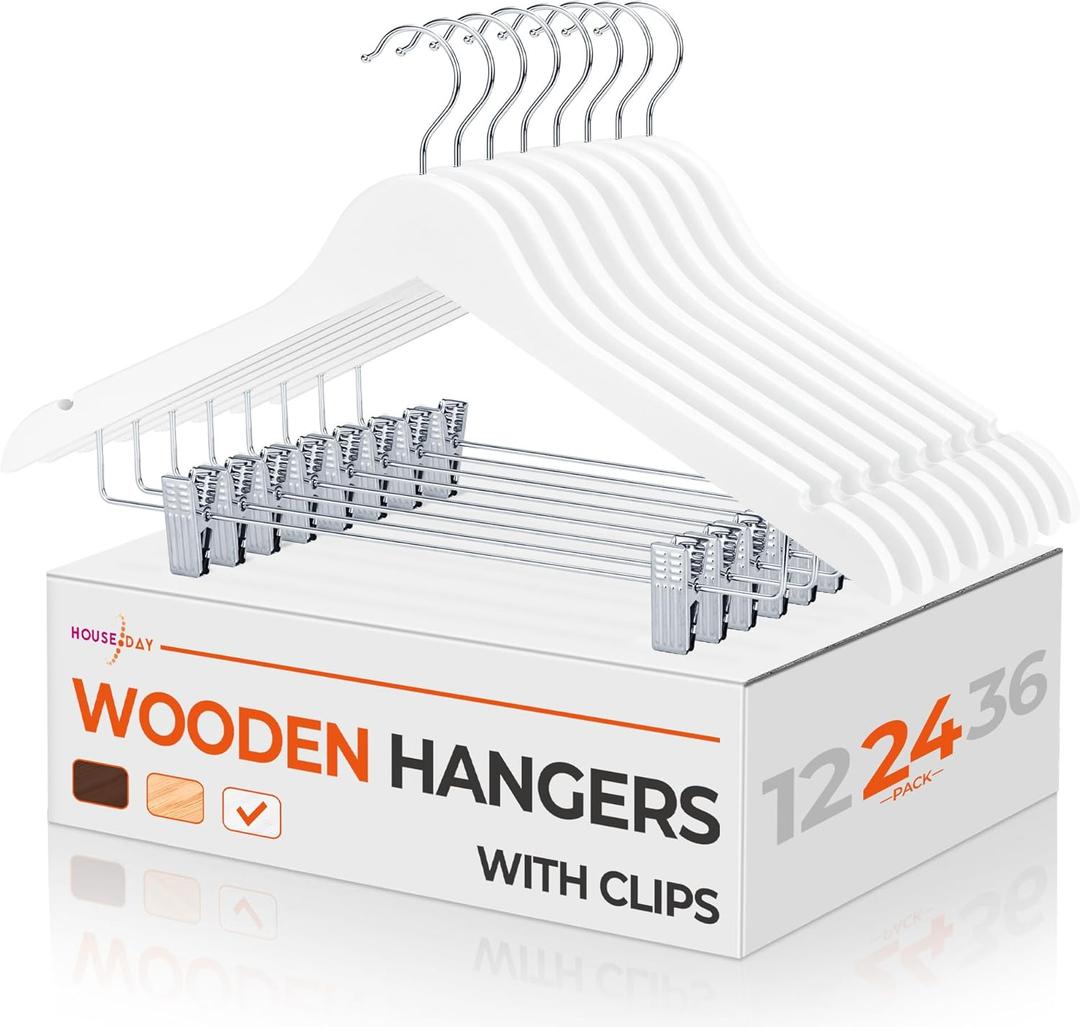 HOUSE DAY Wooden Hangers with Clips 24 Pack, Heavy Duty White Wood Pants Hanger, Premium Skirt Hanger with Adjustable Clips, Solid Clip Hangers for Suit, Blouse, Dress, Coat, Jacket, Bottom