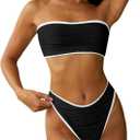 ZAFUL Women Strapless Textured Bandeau Bikini 2 Piece Swimwear Cheeky Solid Lace up Bathing Suits (Medium, 15-black)