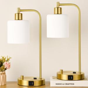 Lynnoland Set of 2 Industrial Table Lamps with USB C+A Ports and Outlet, Gold Fully Stepless Dimmable Bedside Lamps, Nightstand Lamp with Opal Glass Shade for Reading Office (2 LED Bulb)