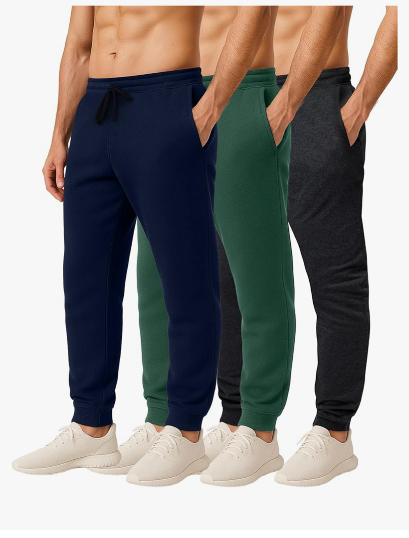 3 Pack: Men's Jogger Sweatpants - Cotton Fleece Bottoms Athletic Pants with Pockets, Size L