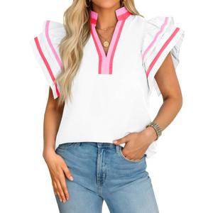 Cicy Bell Womens Ruffle Cap Sleeve Tops Color Block V Neck Dressy Casual Blouses Summer Pleated Loose Fit Shirts (White, M)