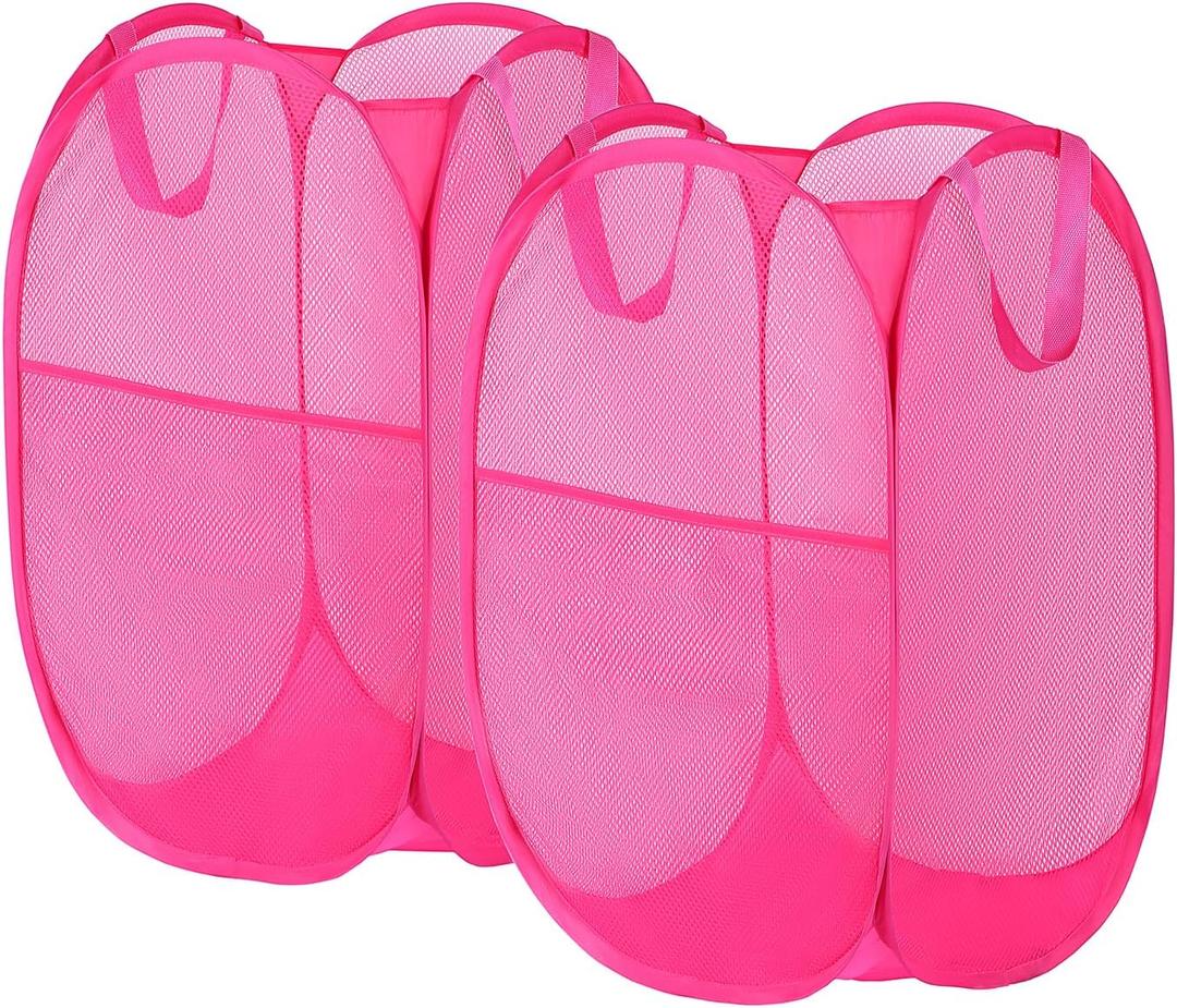 2 Pack Laundry Basket,Foldable Mesh Pop-up Laundry Hamper with Durable Handle,Easy to Open and Fold for Dorm, Laundry Room, Bedroom, RV (Rose Red+Rose Red)
