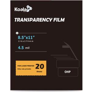 Koala Laser Transparency Film, Color Transparent Paper for OHP, Clear Overhead Projector Film 8.5x11 inches for Laser Jet Printer and Copier, Double-sided Printing Photo Transparent Film 20 Packs