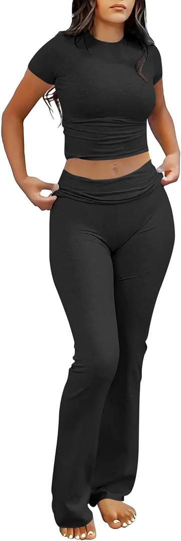 Darong Women's 2 Piece Lounge Set Fold-Over Flare Pants Short Sleeve Cropped Top Set Casual Outfits Pajamas Set S